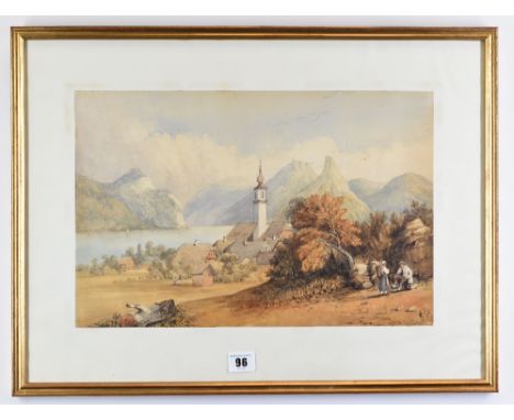 ANTHONY COPLEY FIELDING (1778-1855), watercolour - Alpine lake landscape with figures and village to the fore, signed and dat