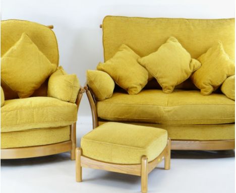 ERCOL LIGHT ELM 'RENAISSANCE' SUITE, comprising two seater settee 132cms wide, armchair and stool, with yellow loose seats an