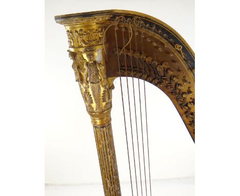 WILLIAM IV DOUBLE-ACTION PARCEL GILT GRECIAN HARP BY JACOB & JAMES ERAT, c. 1830-35, the 43-string harp with figured maple bo