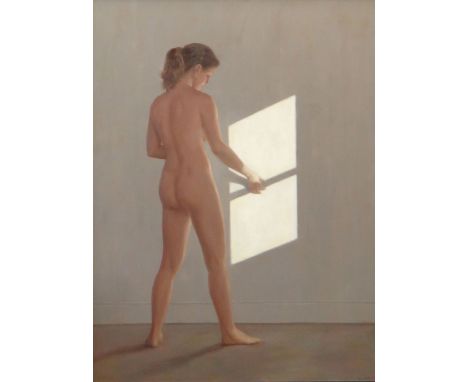 HARRY HOLLAND oil on board - female nude standing against a shaft of light from a window, entitled verso on Martin Tinney Gal
