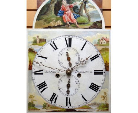 19TH CENTURY YORKSHIRE MAHOGANY 8-DAY LONGCASE CLOCK, Joshua Farrer of Doncaster, flat top hood with reel turned columns, 12 