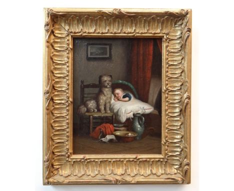 19TH CENTURY ENGLISH SCHOOL oil on canvas - The Loyal Sentinel, a dog on a chair beside a sleeping child, inscribed verso to 