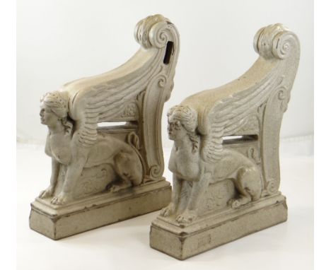 RARE DOULTON GLAZED STONEWARE GARDEN BENCH, c. 1900, the side supports modelled as seated sphinxes, before acanthus and chann