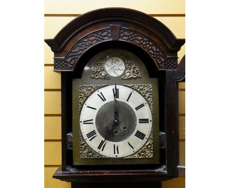 20TH CENTURY GERMAN QUARTER CHIMING LONGCASE CLOCK, break arch hood with slivered roman chapter ring to the  9 1/2 in. brass 