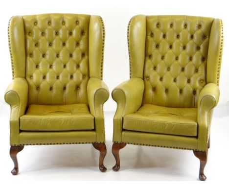 PAIR GEORGIAN-STYLE WINGBACK ARMCHAIRS, button upholstered in mustard leather (faded) (2) COLLECTING ITEMS STRICTLY BY PRE-AR