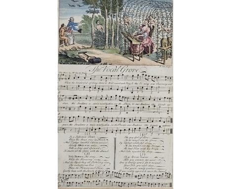 B. Cole, a 19th century hand coloured engraving of a lady playing the harpsichord with sheet music composition. H.51 W.39cm. 