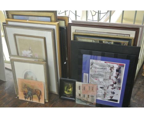 A quantity of pictures and prints including a painting on board of a racehorse, oriental painting on silk of a bird and magno