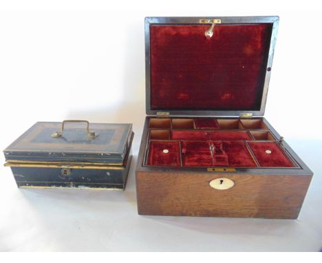 An antique rosewood veneered jewellery box, the hinges revealing a segmented and removable interior with felt lined lids, the