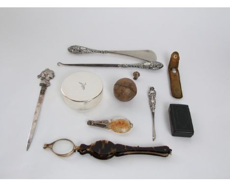 A Victorian smelling salts flask with overlaid detail, tortoiseshell lorgnettes, three silver handled manicure tools, silver 