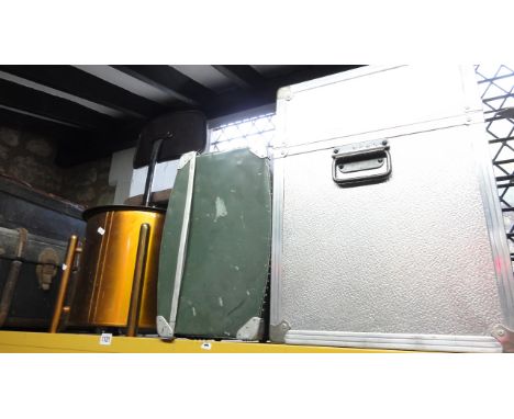 A vintage aluminium suitcase with pop riveted seams, a further case, an anodised demi-lune coal bin with hinged lid and rocke