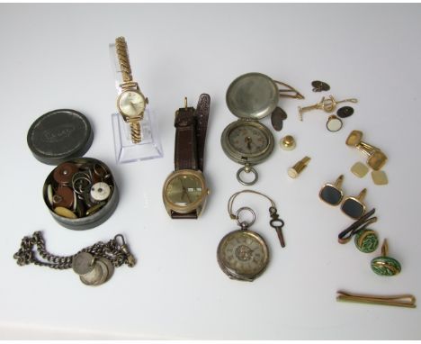 A 19th century silver  cased fob watch with engraved detail (working), further watches, World War 1 army officers pocket comp