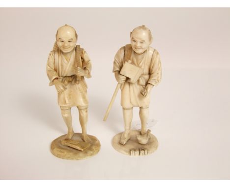 Two late 19th/early 20th century Japanese carved ivory figures, a woodman with an axe and a labourer with basket and hoe, bot