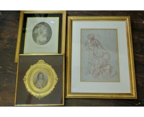 A 19th century coloured engraving of oval form portrait of a young woman in an ornate cast gilt metal frame with floral and t
