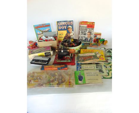 Two boxes of vintage toys including a Mamod horizontal engine, TWA Boeing superjet, Lego, Stylophone, etc