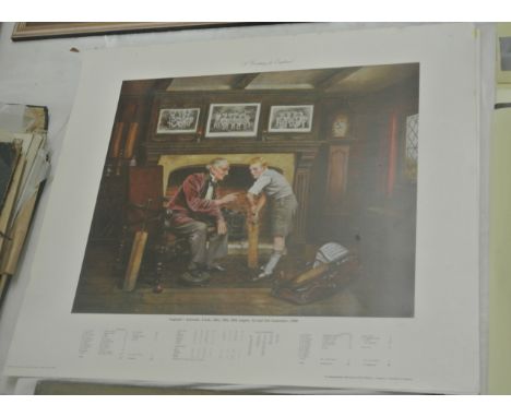 A pair of unframed limited edition coloured prints after A L Grace showing a boy receiving cricket lessons, one signed by Len