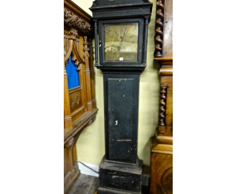 A Georgian longcase clock, the pine case with over painted finish, incorporating a square brass dial with details showing man