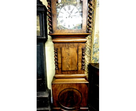 A substantial 19th century mahogany longcase clock, the trunk with spiral column supports, the hood enclosing a 40 cm (16 inc