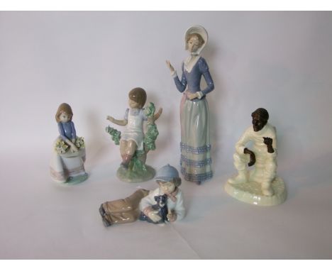 Two Lladro Daisa figures, one of a young woman in a bonnet and the other of a girl holding a flower basket together with two 