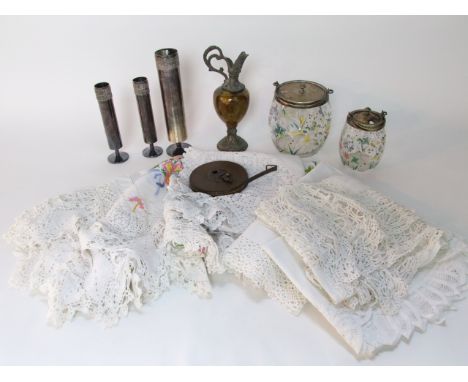 A clear glass biscuit barrel and preserve jar, each with painted foliate decoration and silver plated mounts, further silver 