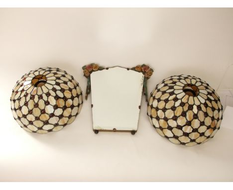 A contemporary pair of leaded glass ceiling light shades, of semi-circle form with mottled opaque glass panels united by ambe