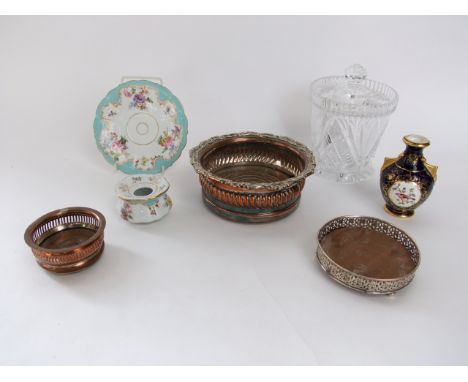 Silver coaster with pierced border, two further coasters and a glass biscuit jar a small blue ground Coalport vase and a Meis