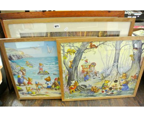 A collection of three coloured nursery prints after Molly Brett of a woodland scene with fairies and wild animals , a scene w