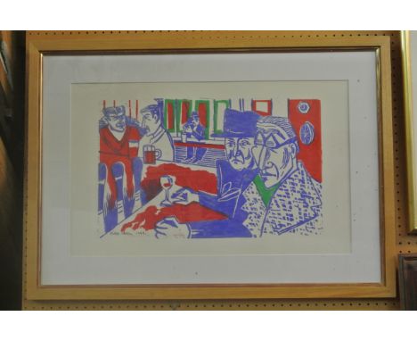 A mid 20th century linocut coloured print by Peter Chase showing male figures in a bar, signed bottom left Peter Chase and da