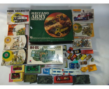 Model vehicles etc to include a boxed Meccano Army Multikit, Matchbox German Infantry, Airfix Afrika Korp, Airfix Modern Brit