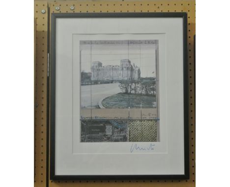 A 20th century signed coloured print showing the Wrapped Reichstag project by Christo and Jeanne-Claude incorporating a sketc