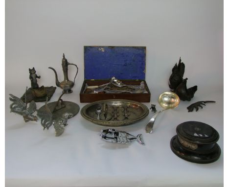 An antique mahogany case containing a quantity of silver plated and other cutlery, an ebonised trophy stand marked Walker & H