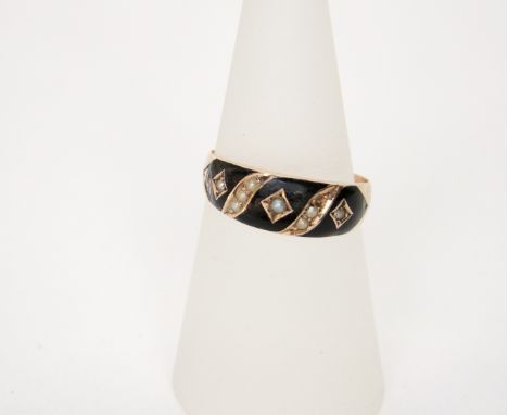 A 9ct gold ring, the band set with enamel and inset pearls