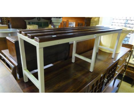 A vintage ex gymnasium changing room bench, teak open slatted seat and painted steel supports, 120cm long approx