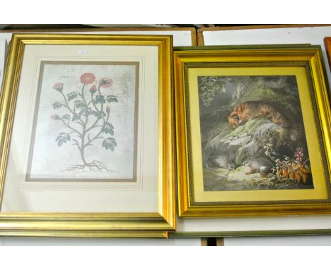 A 19th century chromolithograph showing a fox watching a pair of rabbits 35 x 30cm in moulded gilt frame together with two wa