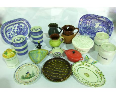 A collection of kitchen related and other ceramics including, a pair of TG Green blue and white banded Cornish ware storage j