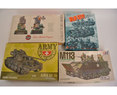 A boxed Airfix model 4-stroke engine together with further boxed models, a Tamiya N113 US Armoured Personnel Carrier, A Helle