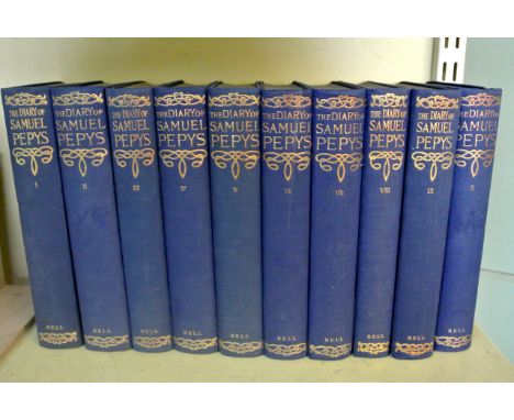 Ten volumes of The Diary of Samuel Pepys, published by G Bell & Sons Limited, London 1928 with blue cloth covers and gold dec