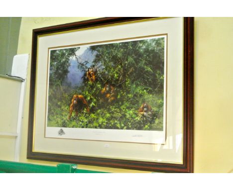 A signed coloured limited edition print after David Shepherd - Men of the Woods - Orangutans signed in pencil bottom right li