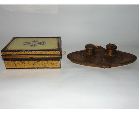 A good quality Victorian cashbox with painted detail and faux malachite and other inlay to the top, the hinged lid revealing 