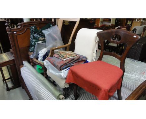 A Victorian spoon back drawing room chair frame, a late Victorian nursing chair with ebonised supports and a Victorian dining