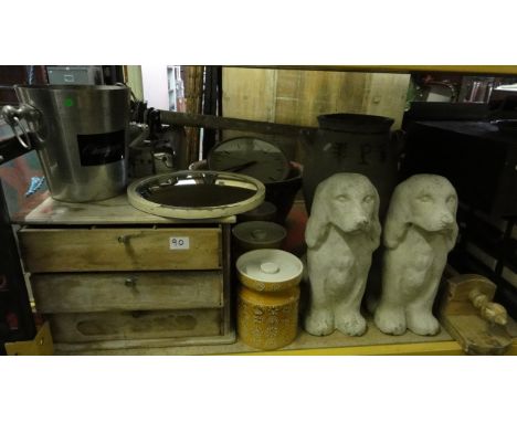 One lot of miscellaneous items to include a pair of small painted composition stone garden ornaments in the form of seated sp