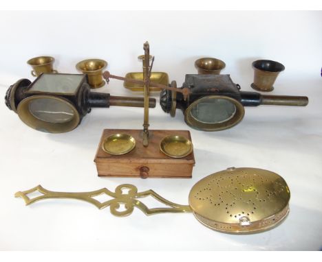 A pair of antique coaching lanterns together with a chestnut roaster, three antique brass mortars, a chamber stick, a small a