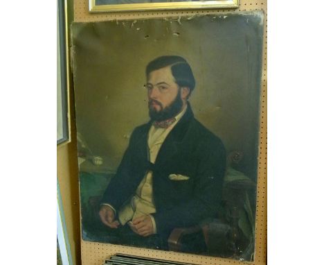 A 19th century oil painting on canvas half length portrait of a bearded gentleman in white waistcoat seated beside a table wi