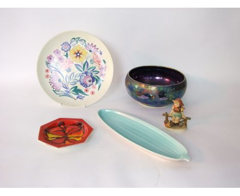 A Maling Coronet lustred bowl with exotic bird and foliage decoration on dark blue ground 20cm diameter approx together with 