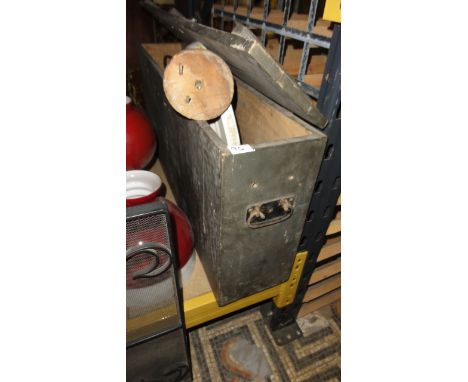 A vintage stained pine slender box/crate with hinged lid containing a quantity of reclaimed Edwardian gas light fittings, etc