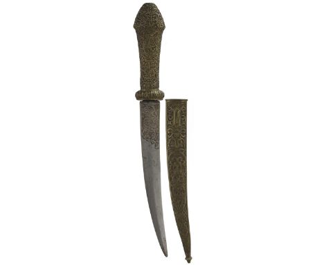 A 19th Century Ottoman Khanjar, 22.5cm curved flattened diamond section blade etched with a gilt highlighted panel of scrolli