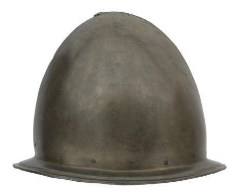 A late 17th Century Italian Cabasset or helmet, characteristic almond shaped skull with flattened stalk finial, shallow gutte