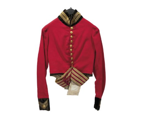 A scarce 1840's officer's closed neck tunic to the Shrewsbury Yeomanry, the scarlet tunic with black velvet collar and cuffs 