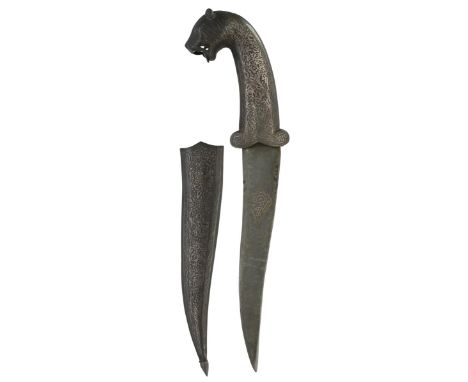 An early 20th Century Indian tiger's head Khanjar, 20cm recurved damascus blade with inlaid silver panel, characteristic hilt