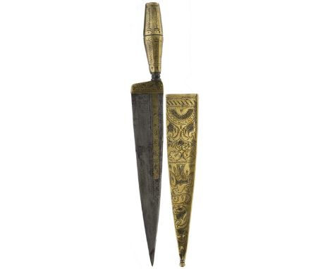 A Spanish or Mediterranean Punal or Ripoll dagger, 23cm double fullered blade chiselled with geometric designs and inlaid wit