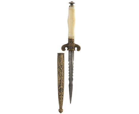 A 19th Century Continental romantic dagger of stiletto form, 10.25cm fullered blade with chiselled edges and armour piercing 